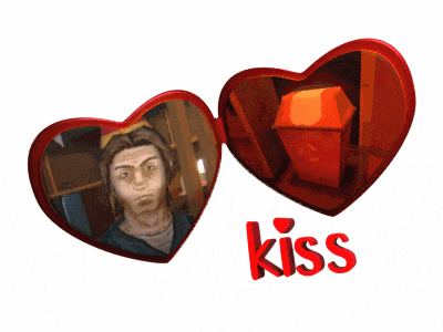 a picture of a man in a heart shaped mirror with the word kiss underneath it