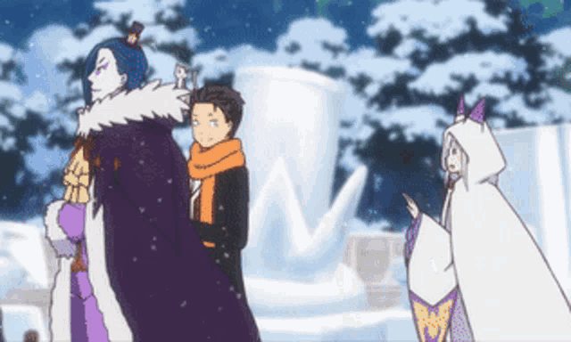 a group of anime characters are standing in front of a snow sculpture