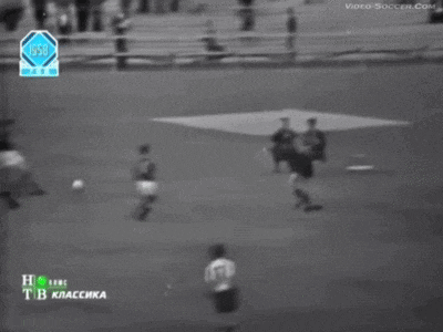 a black and white photo of a soccer game with the year 1950