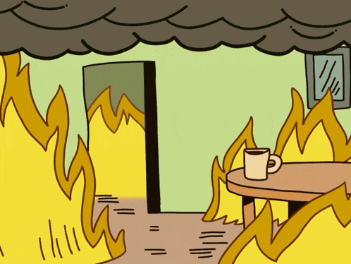 a cartoon drawing of a room on fire with a cup of coffee on a table