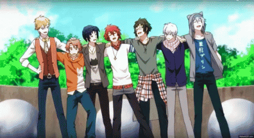 a group of anime characters are posing for a picture