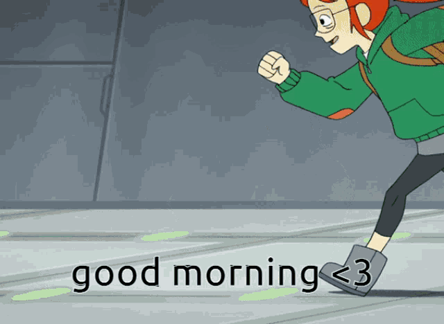 a cartoon of a girl running with the words " good morning < 3 " below her