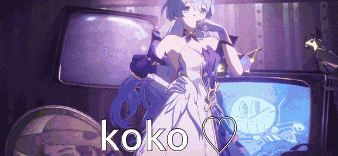 a girl in a white dress is standing in front of a screen that says koko on it .
