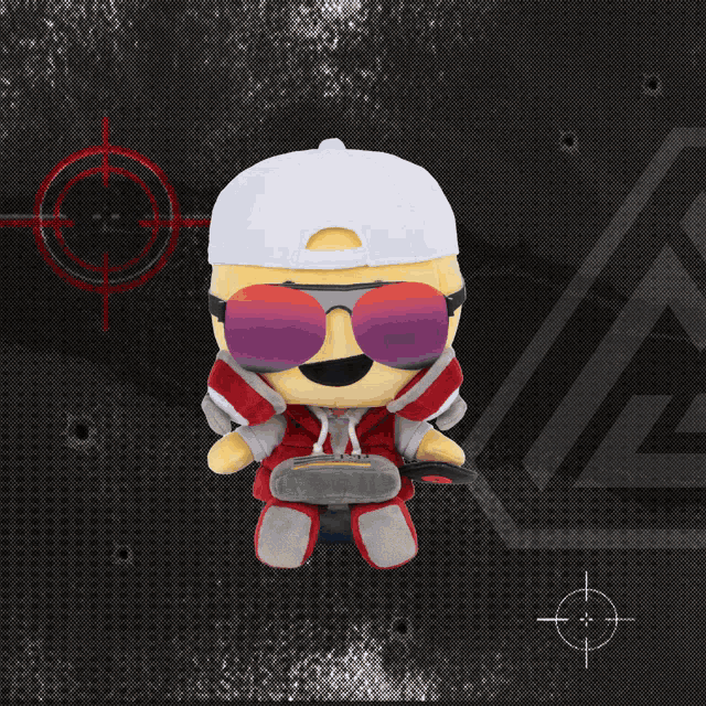 a stuffed toy wearing sunglasses and a hat holds a remote control