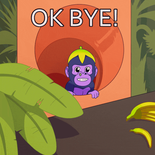 a cartoon of a gorilla on a slide with the words ok bye below it