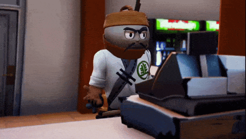 a cartoon character with a green leaf on his shirt is standing in front of a cash register