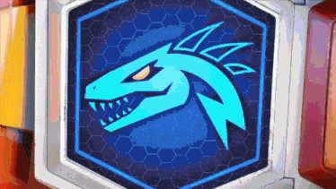 a cartoon drawing of a blue dragon on a hexagonal background