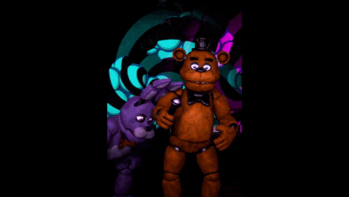 a brown teddy bear with a top hat and bow tie is standing in front of a colorful background