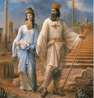 a painting of a man and a woman in ancient clothes
