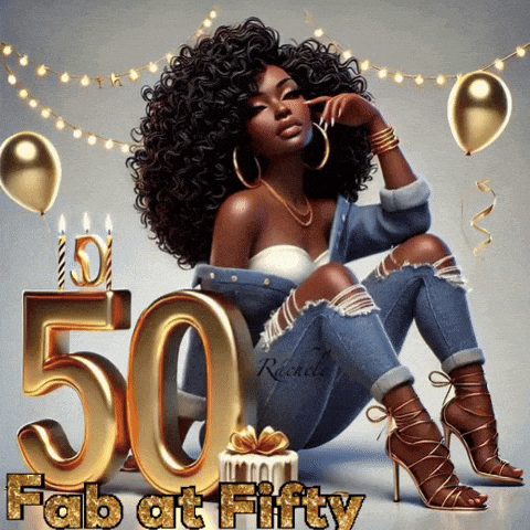 a woman is sitting in front of a sign that says fab at fifty