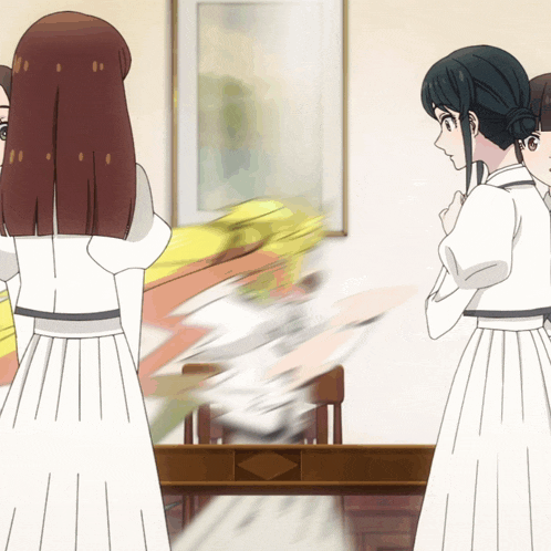 a cartoon of three girls standing next to a table