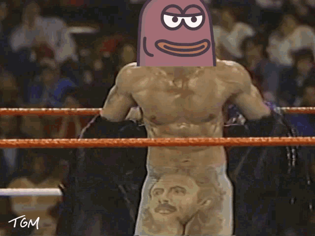 a man in a boxing ring with a cartoon face on his head and tgm written on the bottom right
