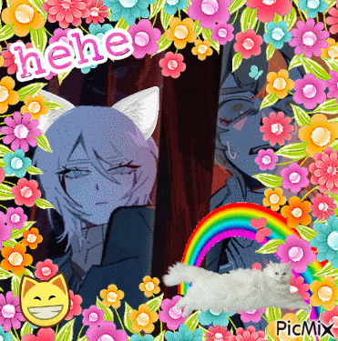 a picture of a cat surrounded by flowers and a rainbow with the words " hehe "