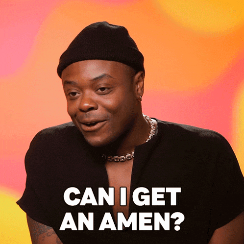 a man wearing a black hat and a black shirt is asking " can i get an amen "