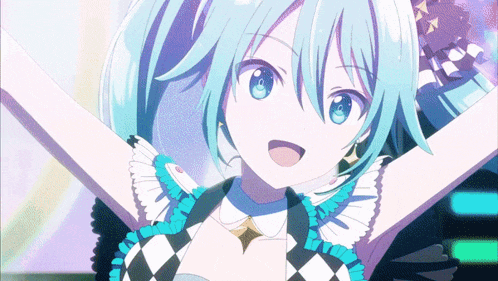 a girl with blue hair is wearing a checkered outfit
