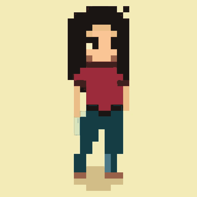 a pixel art illustration of a girl with long hair wearing a red shirt and blue jeans .