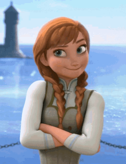 anna from frozen stands with her arms crossed in front of a body of water