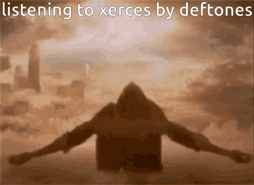 a silhouette of a person with the words listening to xerces by deftones below it