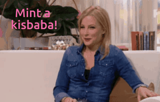 a woman sitting on a couch with the words mint a kisbaba on the bottom
