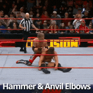 two wrestlers in a ring with the words hammer and anvil elbows