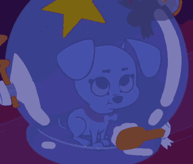a cartoon of a dog in a bubble with a yellow star in the background