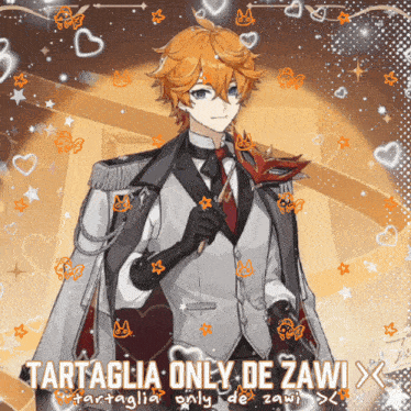 a picture of a man in a tuxedo with the words " tartaglia only de zawi " on the bottom