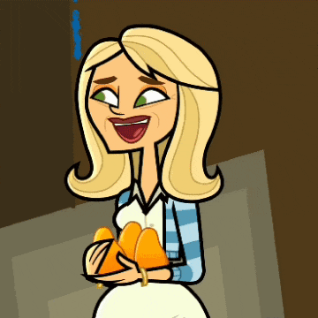 a cartoon woman with blonde hair is holding a pair of orange shoes