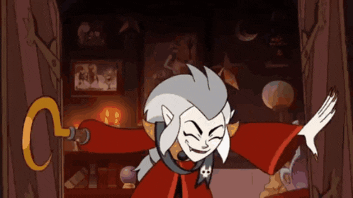 a cartoon character is wearing a red robe and holding a hook in a room .