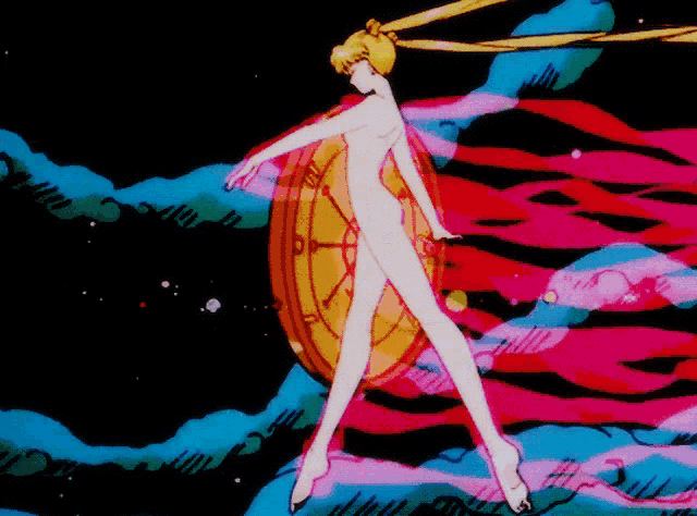 a naked woman is standing in front of a clock that says ' a ' on it