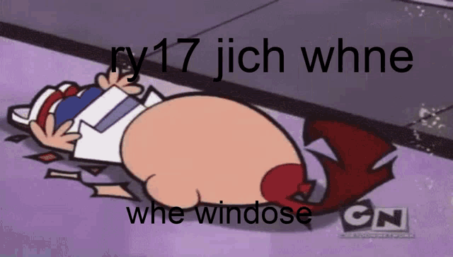 a cartoon character is laying on the ground with the words ry17jich whne wne windose