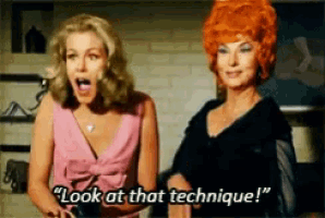 two women are standing next to each other and one of them is saying " look at that technique "