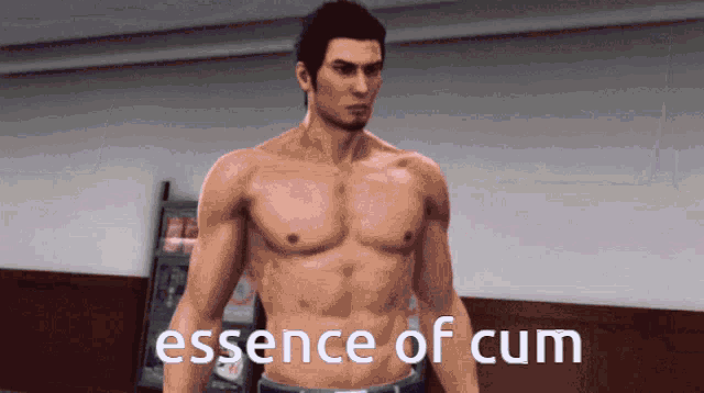 a man without a shirt is standing in front of a sign that says essence of cum
