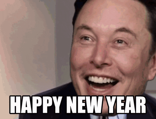 elon musk is smiling with the words happy new year below him