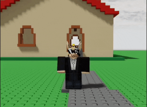 a cartoon character is standing in front of a building with a red roof