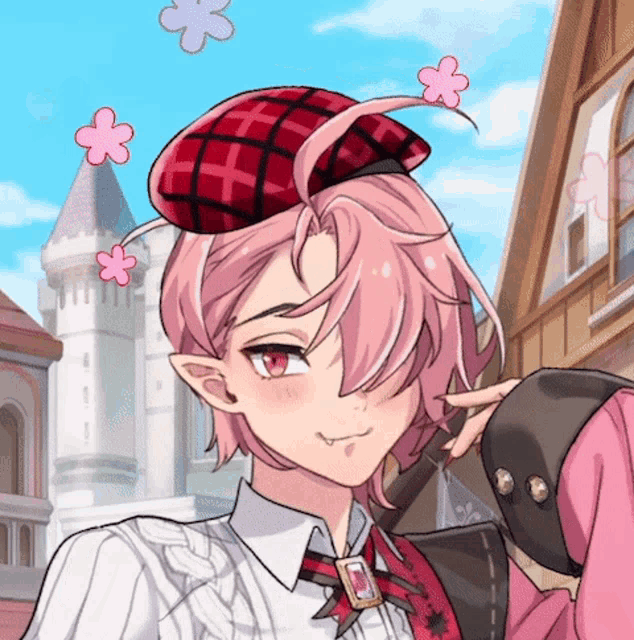 a cartoon character with pink hair and a red hat