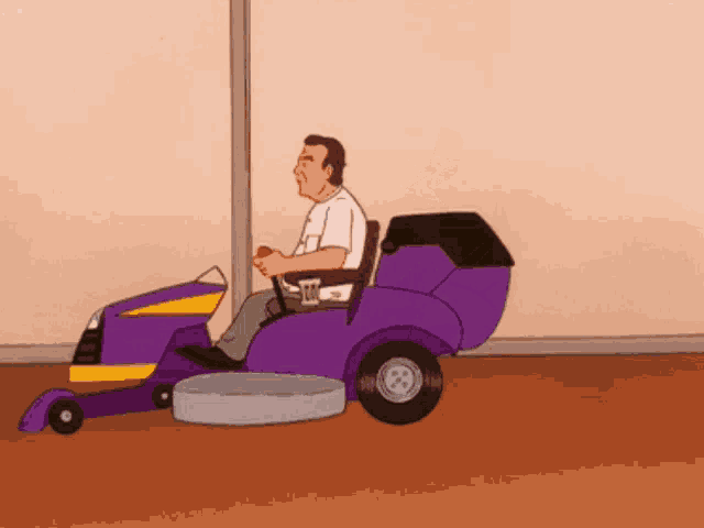 a cartoon of a man riding a purple and yellow lawn mower
