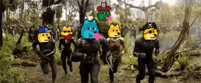 a group of cartoon characters are running through a jungle