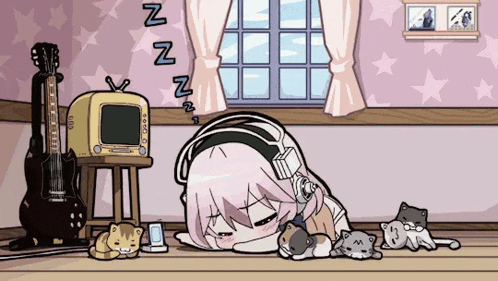 a cartoon of a girl with headphones sleeping on the floor
