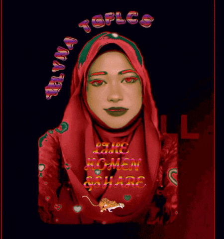 a woman wearing a red scarf with the words " women share " written on it
