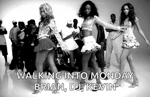 a black and white photo of a group of people dancing with the caption walking into monday brian dj kevin