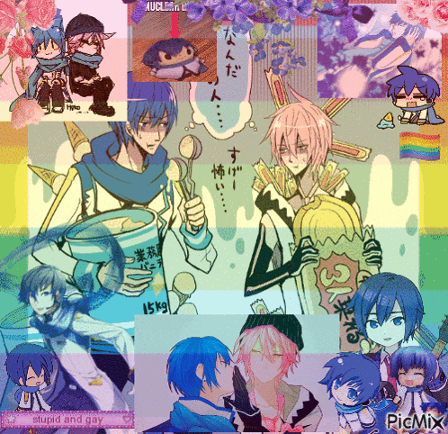 a collage of anime characters with the words stupid and gay at the top
