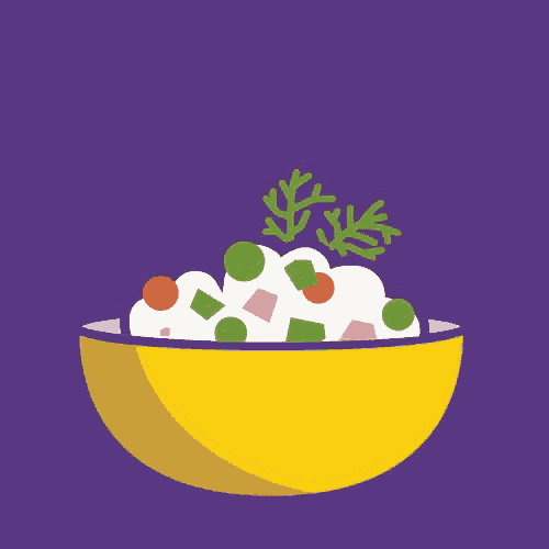 a yellow bowl filled with rice and vegetables with a purple background