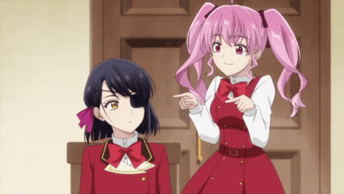 two anime girls are standing next to each other and one of them is pointing