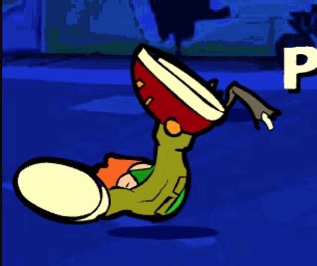 a cartoon of a boy doing a handstand with the letter p behind him