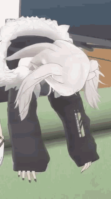 a cartoon character with white hair and black pants is laying down