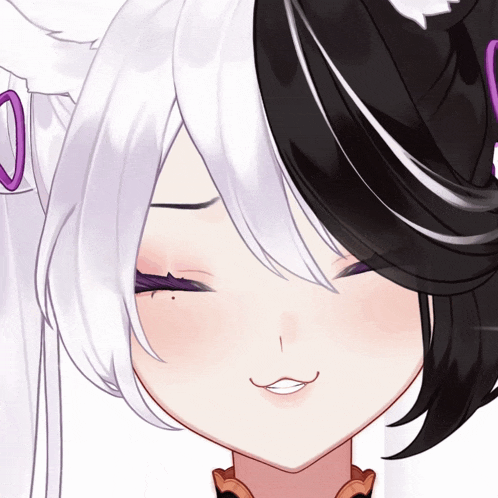 a close up of a person 's face with a white and black hair