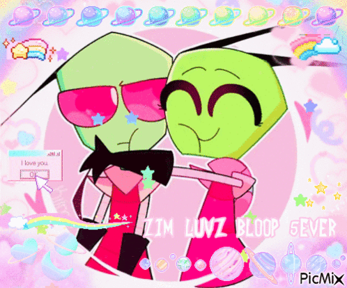 a couple of cartoon characters are hugging with the words i 'm luvz bloop seven on the bottom right