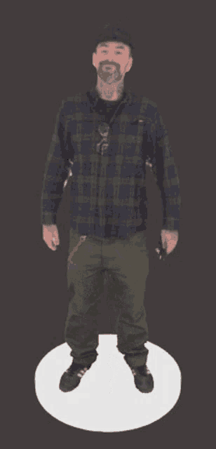 a man in a plaid shirt is standing on a white circle