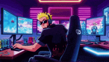 a man wearing sunglasses and headphones is playing a game on a computer