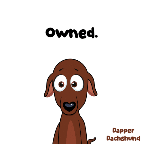 a cartoon of a dachshund holding a microphone with the words " owned " above it